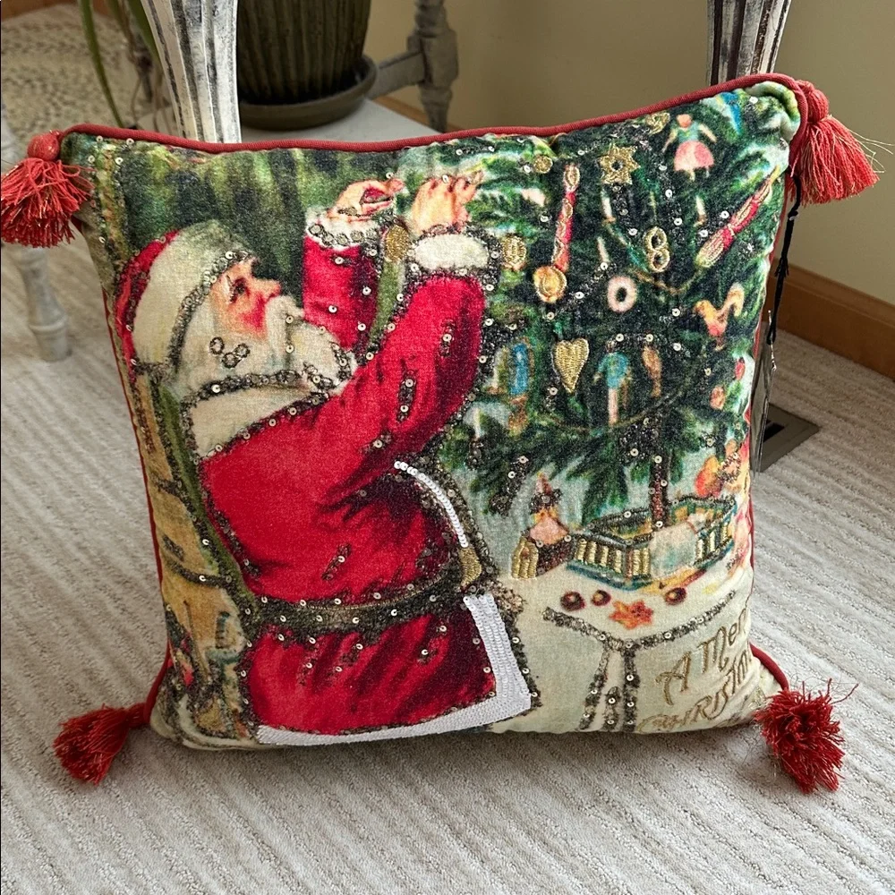 John Derian Target 2025 Santa Pillow Embroidered Holiday Christmas Tree 18”x18”